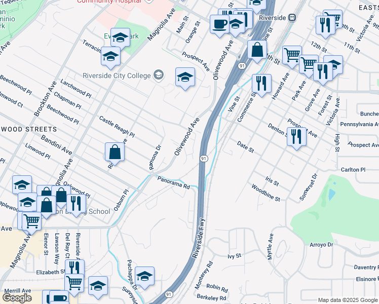 map of restaurants, bars, coffee shops, grocery stores, and more near 5050 Brooks Street in Riverside