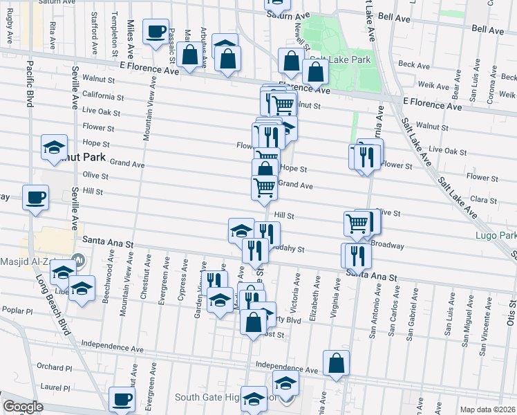 map of restaurants, bars, coffee shops, grocery stores, and more near 7824 State Street in Huntington Park