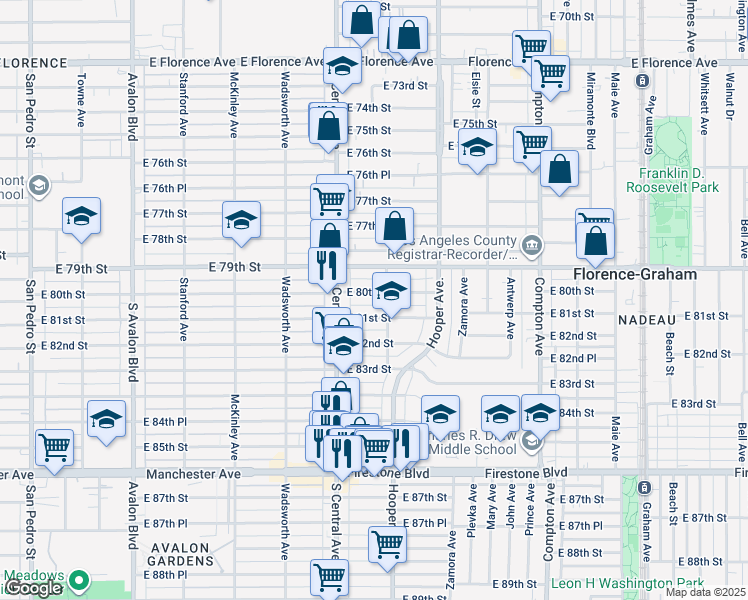 map of restaurants, bars, coffee shops, grocery stores, and more near 1129 1/2 East 81st Street in Los Angeles