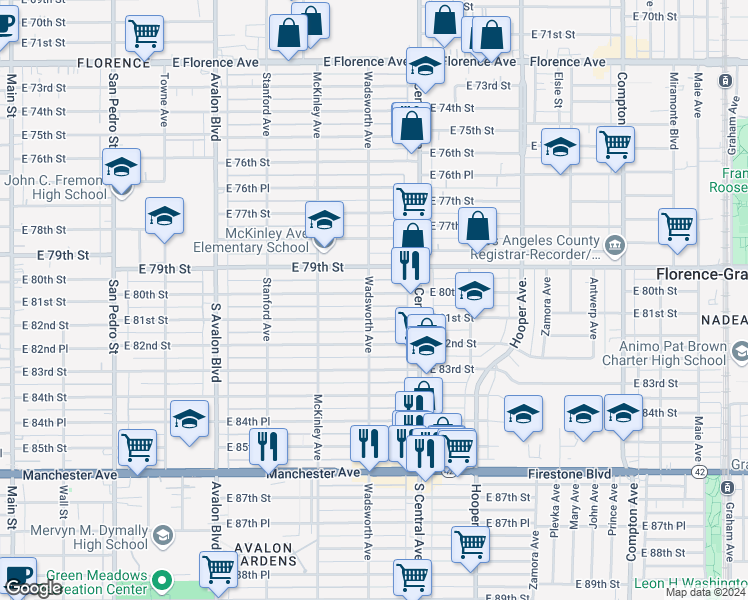 map of restaurants, bars, coffee shops, grocery stores, and more near 8013 Wadsworth Avenue in Los Angeles