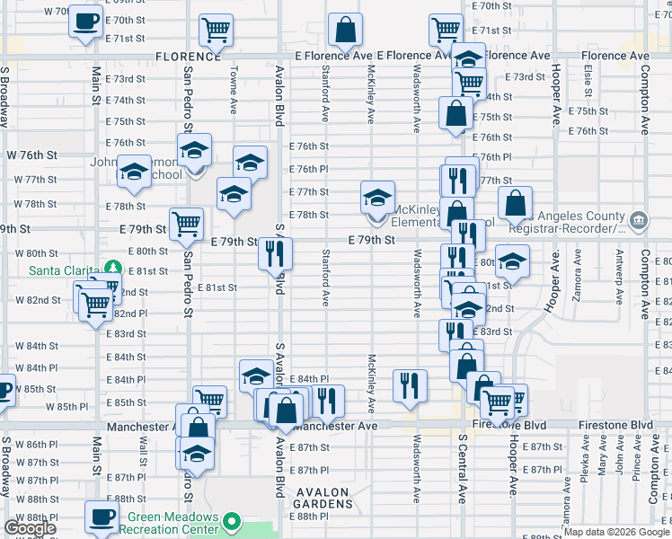 map of restaurants, bars, coffee shops, grocery stores, and more near 8015 Stanford Avenue in Los Angeles
