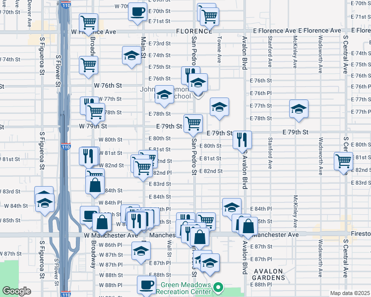 map of restaurants, bars, coffee shops, grocery stores, and more near 234 East 81st Street in Los Angeles