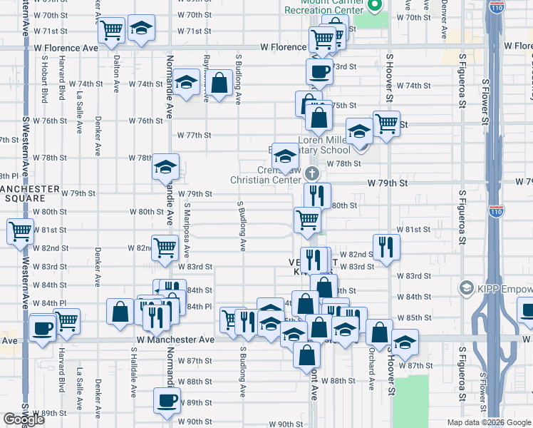 map of restaurants, bars, coffee shops, grocery stores, and more near 1105 West 81st Street in Los Angeles