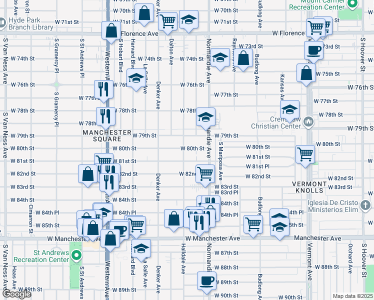 map of restaurants, bars, coffee shops, grocery stores, and more near 1453 West 81st Street in Los Angeles