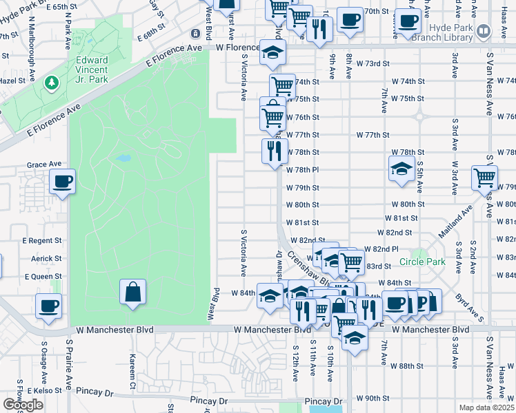 map of restaurants, bars, coffee shops, grocery stores, and more near 3426 West 80th Street in Inglewood