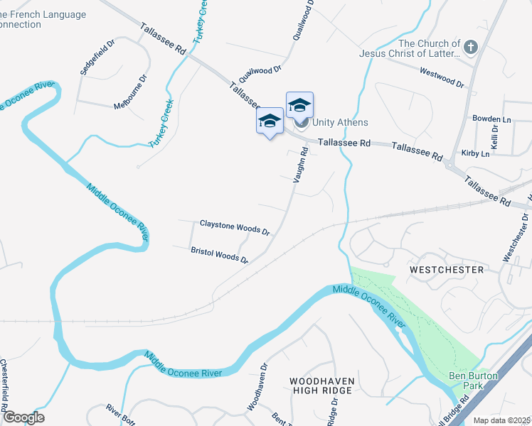 map of restaurants, bars, coffee shops, grocery stores, and more near 208 Claystone Woods Drive in Athens
