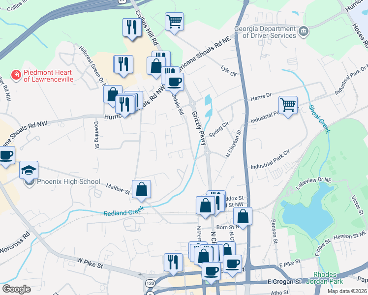 map of restaurants, bars, coffee shops, grocery stores, and more near 423 Northdale Court in Lawrenceville