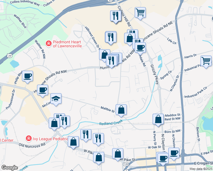 map of restaurants, bars, coffee shops, grocery stores, and more near 410 Downing Street in Lawrenceville
