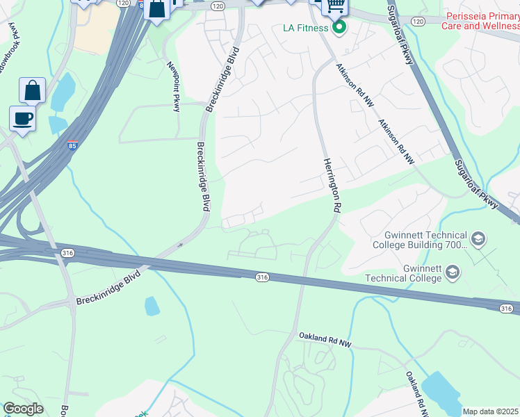 map of restaurants, bars, coffee shops, grocery stores, and more near 1628 Halliard Drive in Lawrenceville