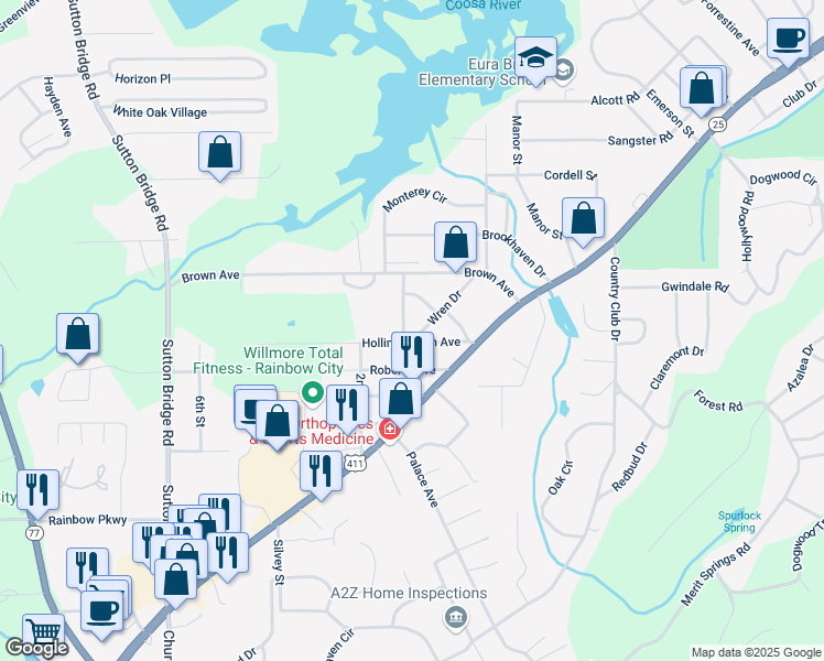 map of restaurants, bars, coffee shops, grocery stores, and more near 2725 Wren Drive in Rainbow City