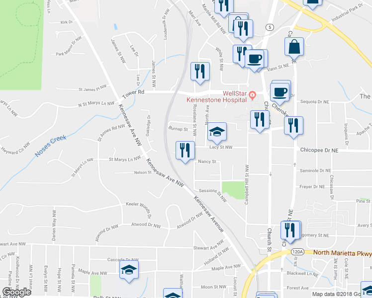 map of restaurants, bars, coffee shops, grocery stores, and more near 126 McLaren Gates Drive in Marietta
