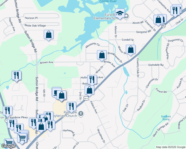 map of restaurants, bars, coffee shops, grocery stores, and more near 2725 Wren Drive in Rainbow City