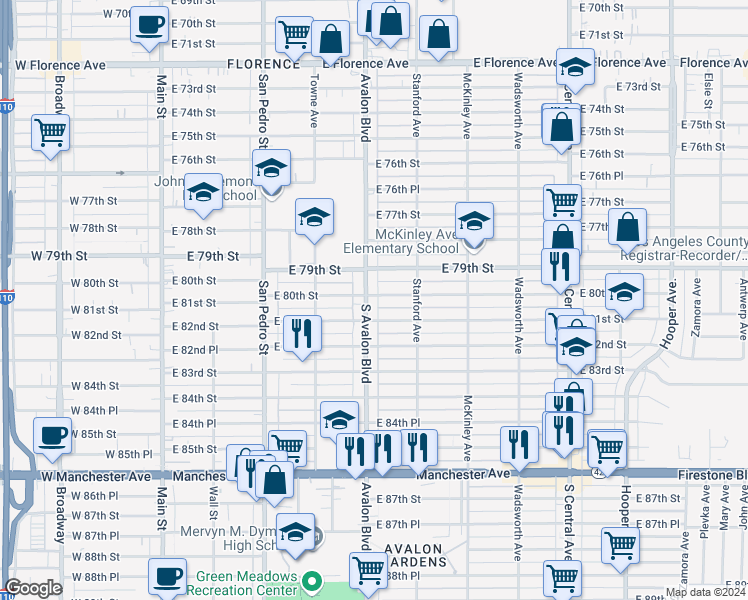 map of restaurants, bars, coffee shops, grocery stores, and more near 9401 South Avalon Boulevard in Los Angeles