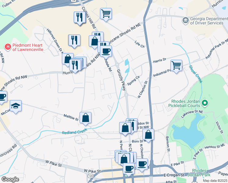 map of restaurants, bars, coffee shops, grocery stores, and more near 57 Northdale Place in Lawrenceville