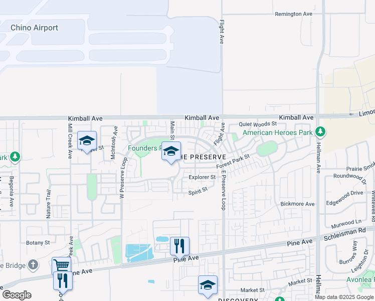 map of restaurants, bars, coffee shops, grocery stores, and more near 8365 Greenwood Lane in Chino