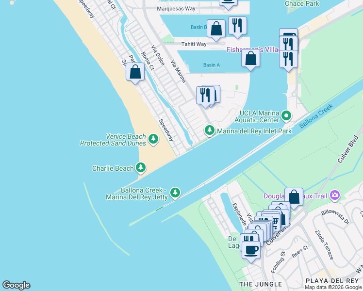 map of restaurants, bars, coffee shops, grocery stores, and more near 24 Yawl Street in Marina del Rey