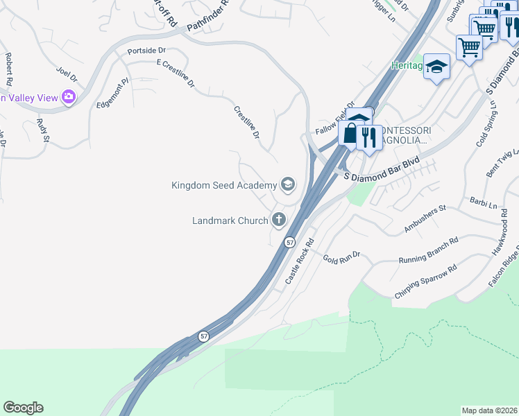 map of restaurants, bars, coffee shops, grocery stores, and more near 20610 East Oak Meadow Lane in Diamond Bar