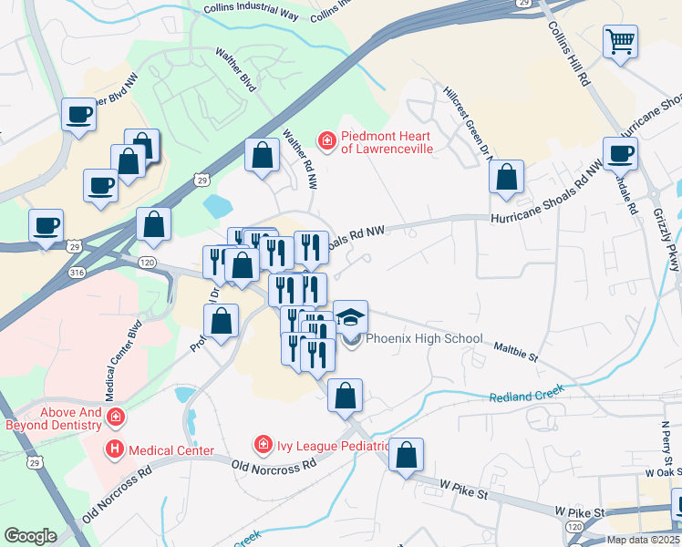 map of restaurants, bars, coffee shops, grocery stores, and more near 413 Bridge Way in Lawrenceville