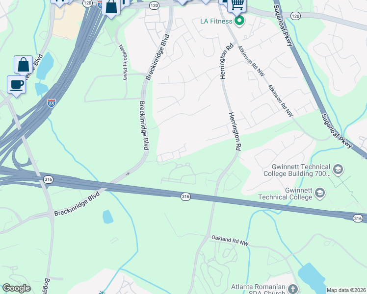 map of restaurants, bars, coffee shops, grocery stores, and more near 2177 Pebble Beach Drive in Lawrenceville