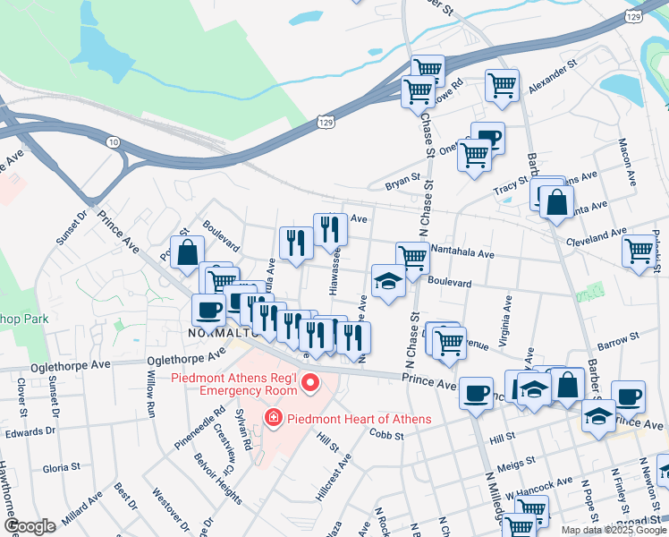 map of restaurants, bars, coffee shops, grocery stores, and more near Hiawassee Avenue in Athens