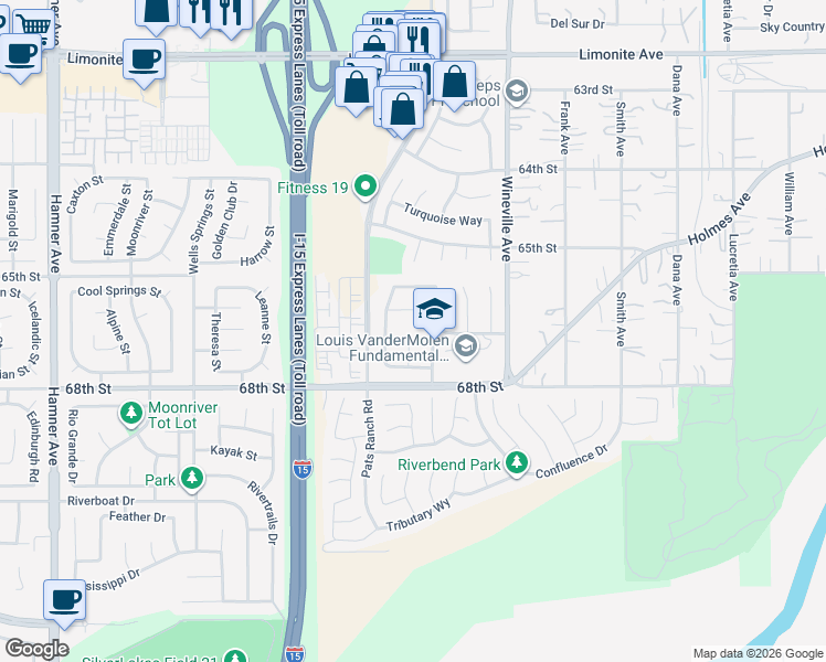 map of restaurants, bars, coffee shops, grocery stores, and more near 6696 Morganite Court in Jurupa Valley