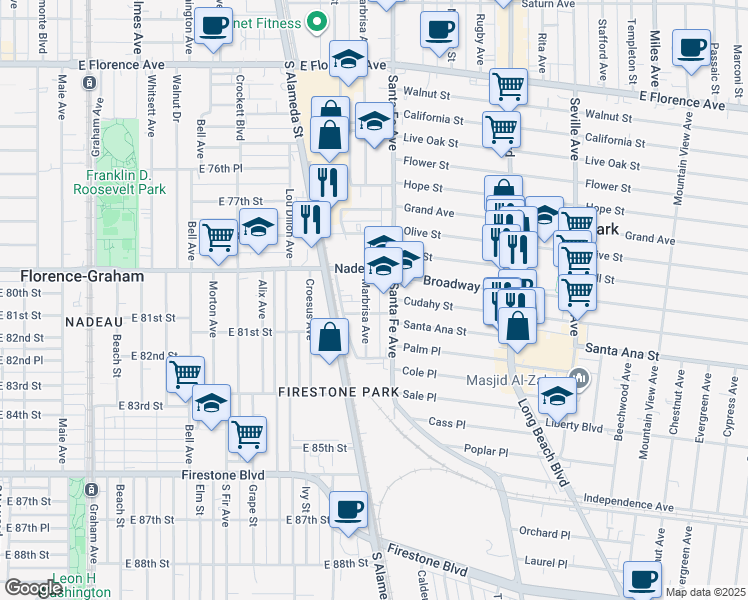 map of restaurants, bars, coffee shops, grocery stores, and more near 7943 Marbrisa Avenue in Huntington Park