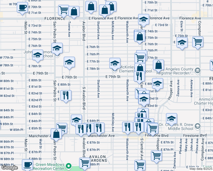 map of restaurants, bars, coffee shops, grocery stores, and more near 736 East 80th Street in Los Angeles