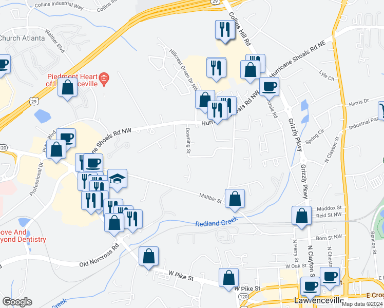 map of restaurants, bars, coffee shops, grocery stores, and more near 501 Downing Street in Lawrenceville