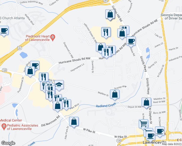 map of restaurants, bars, coffee shops, grocery stores, and more near 510 Downing Street in Lawrenceville
