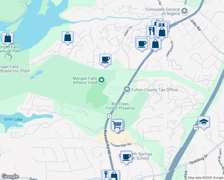 map of restaurants, bars, coffee shops, grocery stores, and more near 7750 Roswell Road Northeast in Sandy Springs