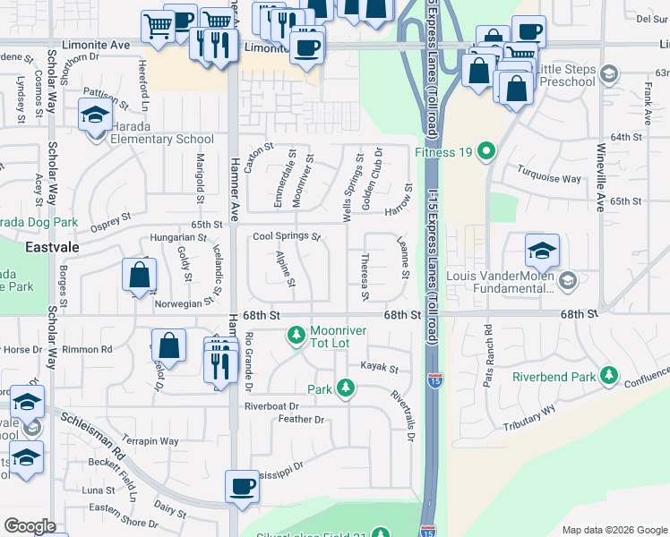 map of restaurants, bars, coffee shops, grocery stores, and more near 6698 Lake Springs Street in Eastvale