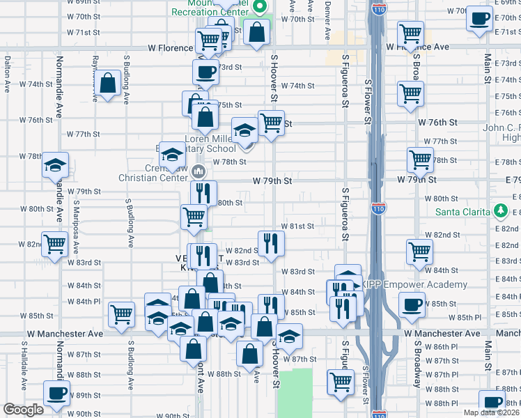 map of restaurants, bars, coffee shops, grocery stores, and more near 839 West 81st Street in Los Angeles