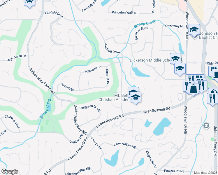 map of restaurants, bars, coffee shops, grocery stores, and more near 4250 Summit Drive in Marietta