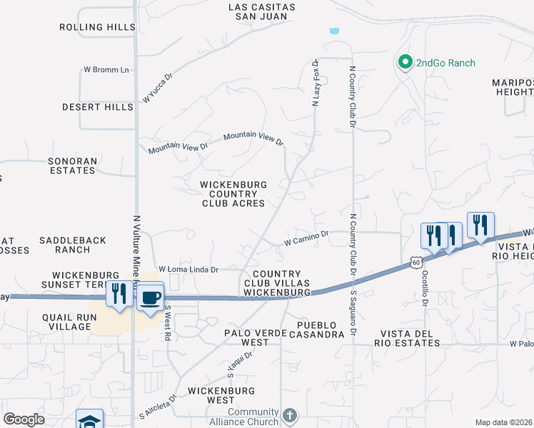 map of restaurants, bars, coffee shops, grocery stores, and more near 360 North Lazy Fox Drive in Wickenburg
