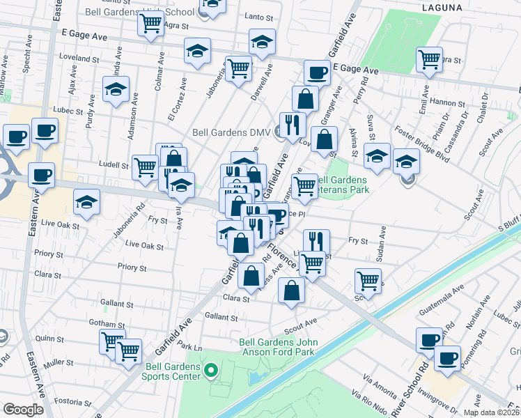 map of restaurants, bars, coffee shops, grocery stores, and more near Garfield Ave & Florence Pl in Bell Gardens