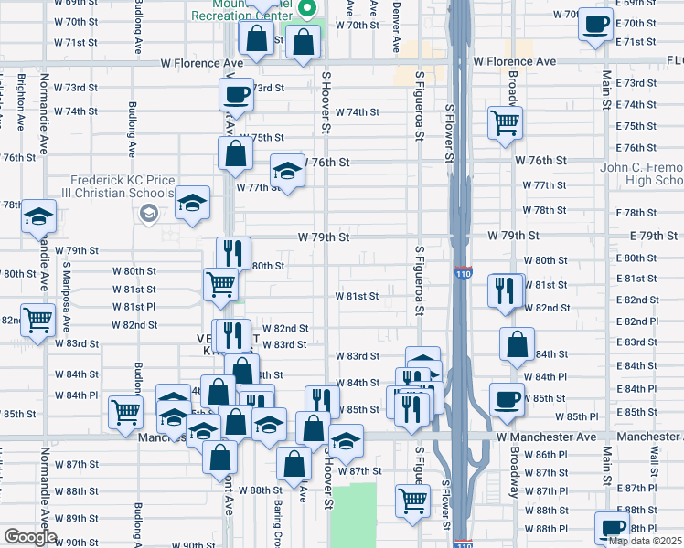 map of restaurants, bars, coffee shops, grocery stores, and more near 724 West 80th Street in Los Angeles