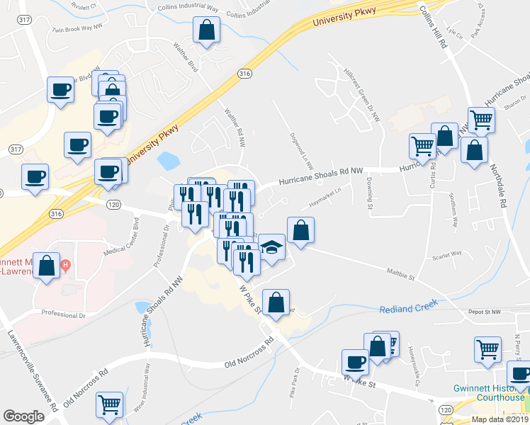 map of restaurants, bars, coffee shops, grocery stores, and more near 410 Bridge Way in Lawrenceville