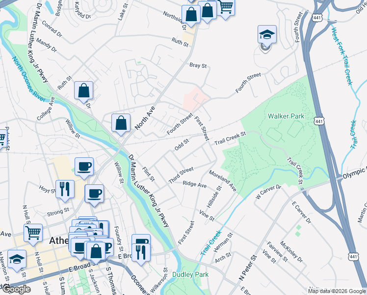 map of restaurants, bars, coffee shops, grocery stores, and more near 176 Water Oak Street in Athens