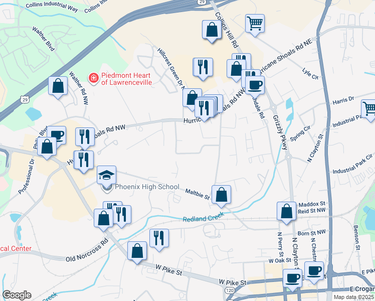 map of restaurants, bars, coffee shops, grocery stores, and more near 441 Downing Street in Lawrenceville