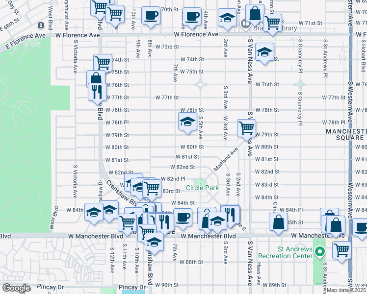 map of restaurants, bars, coffee shops, grocery stores, and more near 2305 West 80th Street in Inglewood