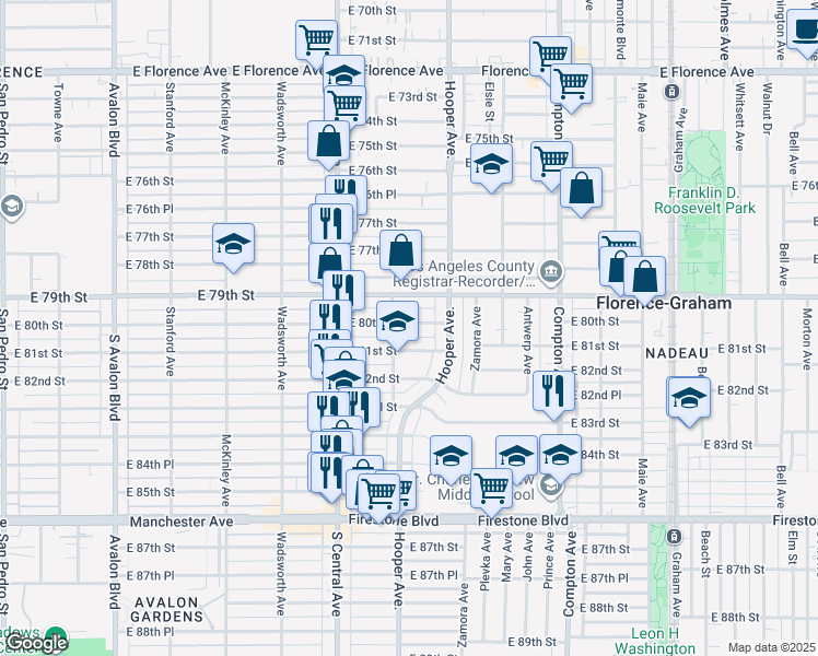 map of restaurants, bars, coffee shops, grocery stores, and more near 1220 East 80th Street in Los Angeles