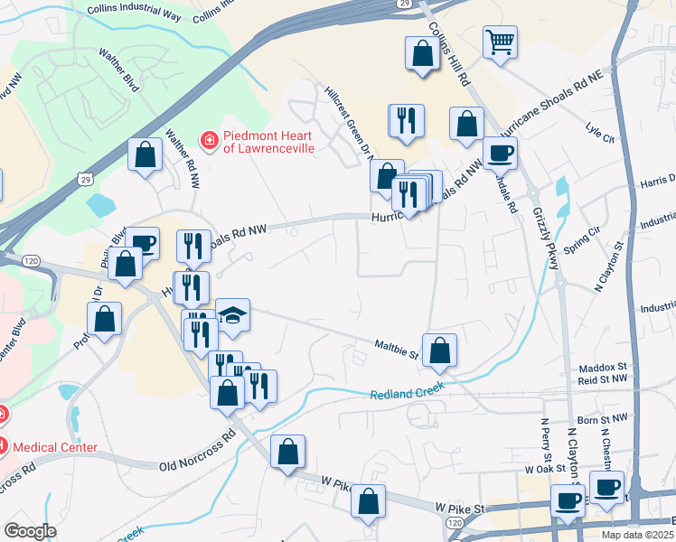 map of restaurants, bars, coffee shops, grocery stores, and more near 507 Whitehall Lane in Lawrenceville