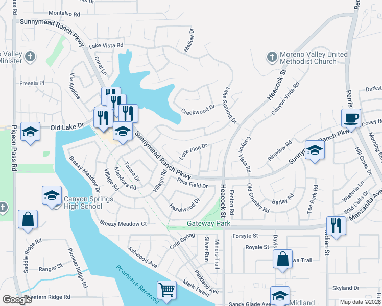 map of restaurants, bars, coffee shops, grocery stores, and more near 10619 Willow Creek Road in Moreno Valley