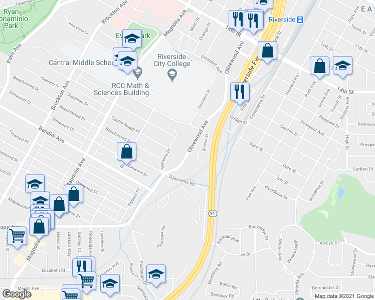 map of restaurants, bars, coffee shops, grocery stores, and more near 5134 Olivewood Avenue in Riverside