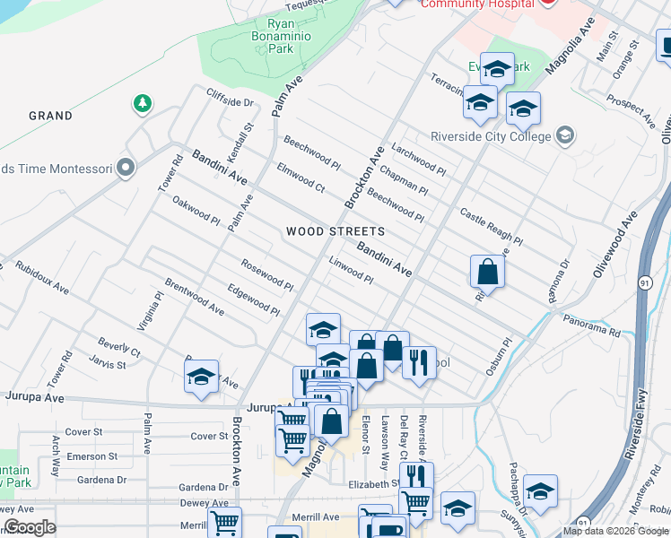 map of restaurants, bars, coffee shops, grocery stores, and more near 3992 Linwood Place in Riverside