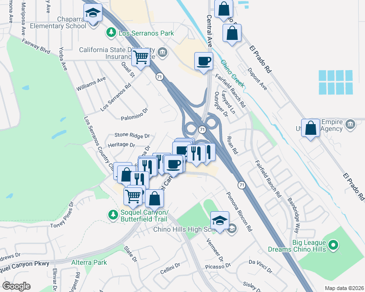 map of restaurants, bars, coffee shops, grocery stores, and more near 15811 Ellington Way in Chino Hills