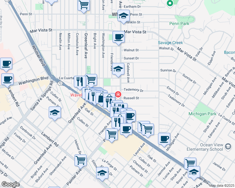 map of restaurants, bars, coffee shops, grocery stores, and more near 8144 Friends Avenue in Whittier