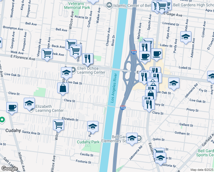 map of restaurants, bars, coffee shops, grocery stores, and more near 5324 Live Oak Street in Cudahy