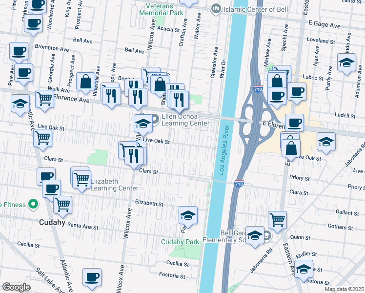 map of restaurants, bars, coffee shops, grocery stores, and more near 5162 Live Oak Street in Cudahy