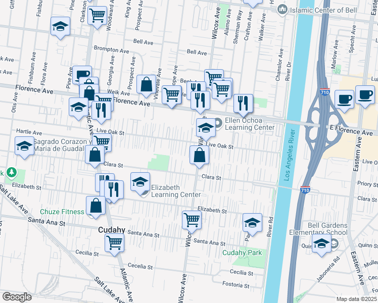 map of restaurants, bars, coffee shops, grocery stores, and more near 7531 Wilcox Avenue in Bell Gardens